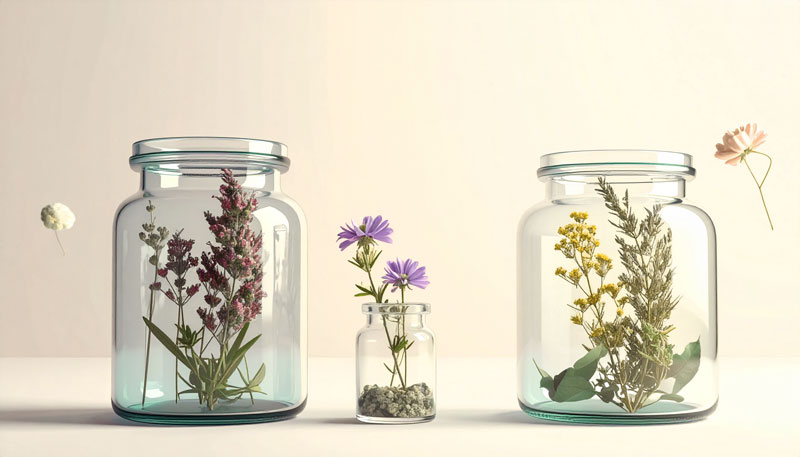 delicate-floral-arrangement-flowers-in-glass-jars-on-pink