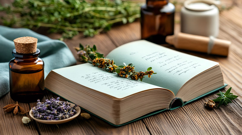 open-book-with-dried-herbs-and-essential-oil-recipes-on